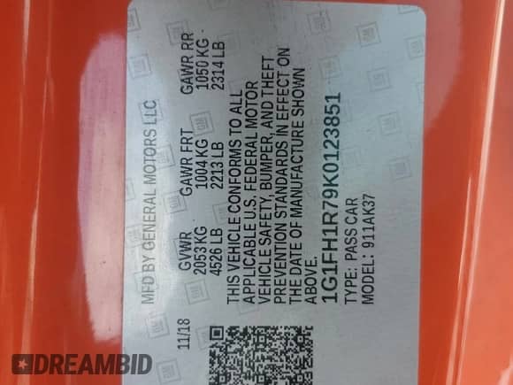 2019 Chevrolet Camaro 2SS z VIN 1G1FH1R79K0123851, wystawiony jako Copart lot #67069765 z przebiegiem 130 568 mil mil oraz Szkoda całkowita • Salvage title. Historia ofert i sprzedaży dostępna na DreamBid. Obrazek 12.