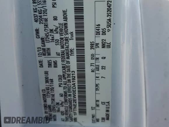 2014 Ford Econoline Cargo Commercial with VIN 1FTNE2EW0EDA19213, listed as a Copart auction lot 71137305 with 184,738 mi miles and Clean title. Bid and sale history available at DreamBid. Image 13.