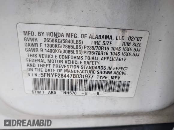 2007 Honda Pilot EX с VIN 5FNYF28447B031977, выставлен на аукционе IAAI как лот 43180718 с пробегом 256 549 миль миль и . История ставок и продаж доступна на DreamBid. Изображение 9.