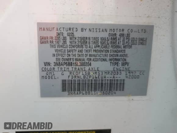 2025 Nissan Kicks S с VIN 3N8AP6BB1SL380204, выставлен на аукционе Copart как лот 71902475 с пробегом 1 464 миль миль и Списание • Salvage title. История ставок и продаж доступна на DreamBid. Изображение 13.