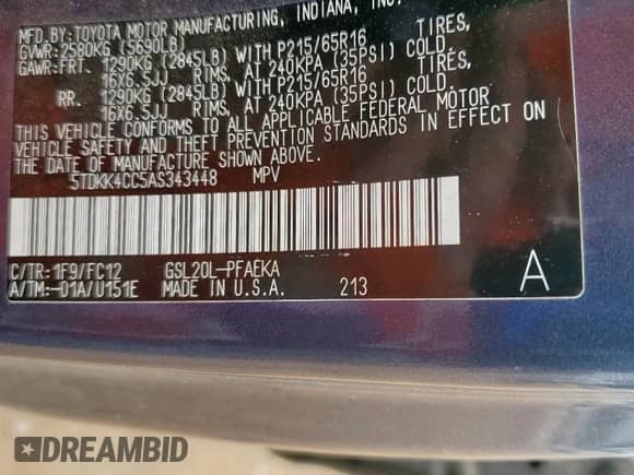 2010 Toyota Sienna LE с VIN 5TDKK4CC5AS343448, выставлен на аукционе Copart как лот 81763345 с пробегом 166 379 миль миль и Списание • Salvage title. История ставок и продаж доступна на DreamBid. Изображение 13.