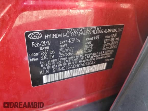 2019 Hyundai Santa Fe SE с VIN 5NMS23AD3KH093069, выставлен на аукционе Copart как лот 80297755 с пробегом 123 104 миль миль и На запчасти • Non repairable. История ставок и продаж доступна на DreamBid. Изображение 14.