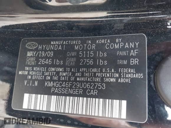 2009 Hyundai Genesis with VIN KMHGC46F29U062753, listed as a IAAI auction lot 42975768 with 169,823 mi miles and . Bid and sale history available at DreamBid. Image 9.