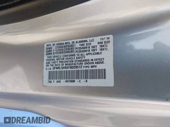 2015 Honda Odyssey Touring Elite с VIN 5FNRL5H9XFB039512, выставлен на аукционе IAAI как лот 43484728 с пробегом 122 159 миль миль и . История ставок и продаж доступна на DreamBid. Изображение 9.