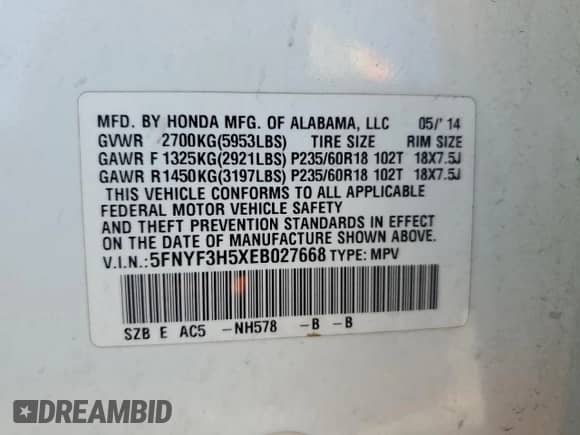 2014 Honda Pilot EX-L with VIN 5FNYF3H5XEB027668, listed as a Copart auction lot 85539545 with 169,191 mi miles and Salvage title. Bid and sale history available at DreamBid. Image 13.
