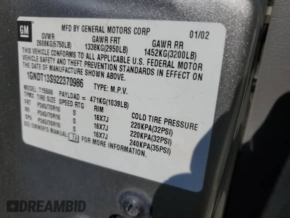 2002 Chevrolet TrailBlazer LS with VIN 1GNDT13S922370986, listed as a Copart auction lot 79159464 with Not provided miles and Non repairable. Bid and sale history available at DreamBid. Image 13.