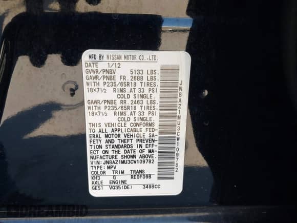2012 Nissan Murano S with VIN JN8AZ1MU3CW109782, listed as a IAAI auction lot 39218157 with 138,659 mi miles and . Bid and sale history available at DreamBid. Image 9.