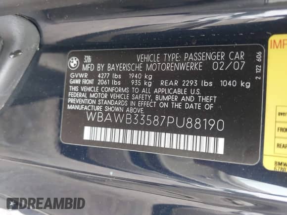 2007 BMW 3 Series 328i с VIN WBAWB33587PU88190, выставлен на аукционе IAAI как лот 42687586 с пробегом 158 481 миль миль и . История ставок и продаж доступна на DreamBid. Изображение 9.