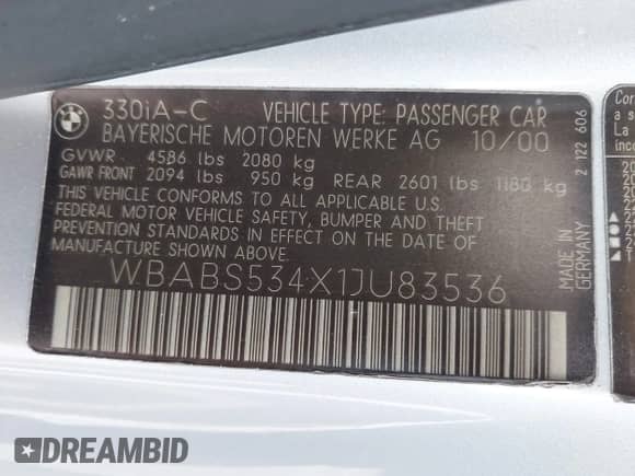 2001 BMW 3 Series 330Ci с VIN WBABS534X1JU83536, выставлен на аукционе IAAI как лот 43351449 с пробегом 122 300 миль миль и . История ставок и продаж доступна на DreamBid. Изображение 9.