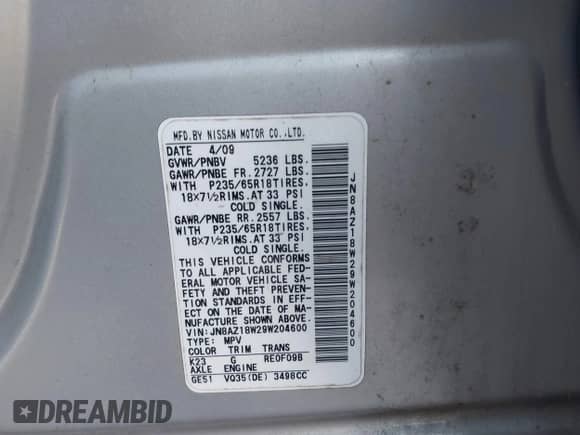 2009 Nissan Murano SL z VIN JN8AZ18W29W204600, wystawiony jako IAAI lot #42777814 z przebiegiem 192 633 mil mil oraz . Historia ofert i sprzedaży dostępna na DreamBid. Obrazek 9.