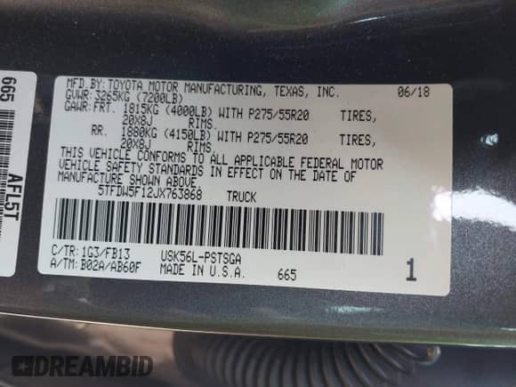 2018 Toyota Tundra SR5 с VIN 5TFDW5F12JX763868, выставлен на аукционе IAAI как лот 43233814 с пробегом 86 210 миль миль и . История ставок и продаж доступна на DreamBid. Изображение 9.