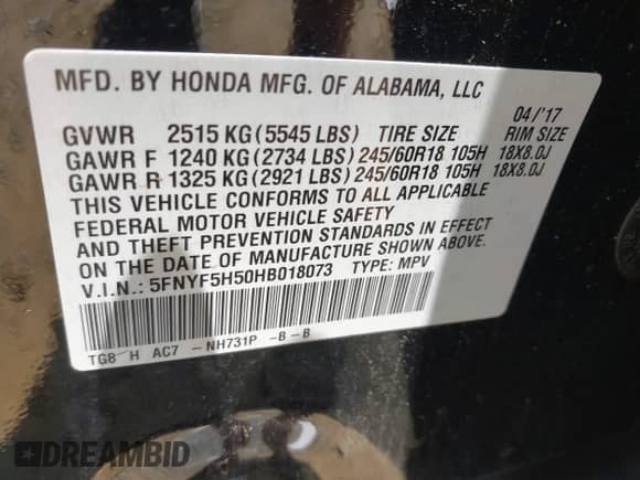 2017 Honda Pilot EX-L z VIN 5FNYF5H50HB018073, wystawiony jako IAAI lot #42417778 z przebiegiem 60 784 mil mil oraz . Historia ofert i sprzedaży dostępna na DreamBid. Obrazek 9.