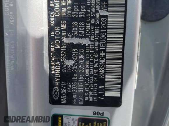 2014 Hyundai Santa Fe Limited with VIN KM8SNDHF1EU061203, listed as a Copart auction lot 65935795 with 110,098 mi miles and Salvage title. Bid and sale history available at DreamBid. Image 13.