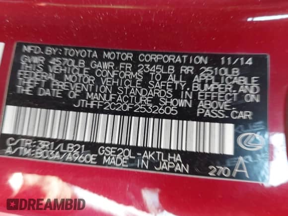 2015 Lexus IS 250 C with VIN JTHFF2C20F2532605, listed as a IAAI auction lot 42944927 with 48,502 mi miles and . Bid and sale history available at DreamBid. Image 9.