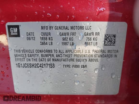 2012 Chevrolet Sonic LT с VIN 1G1JC6SH2C4217153, выставлен на аукционе IAAI как лот 43481968 с пробегом 128 020 миль миль и . История ставок и продаж доступна на DreamBid. Изображение 9.