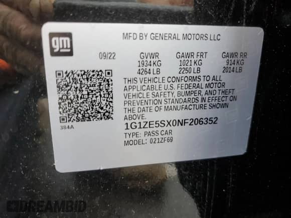 2022 Chevrolet Malibu Premier с VIN 1G1ZE5SX0NF206352, выставлен на аукционе Copart как лот 57203765 с пробегом 63 081 миль миль и Списание • Salvage title. История ставок и продаж доступна на DreamBid. Изображение 12.