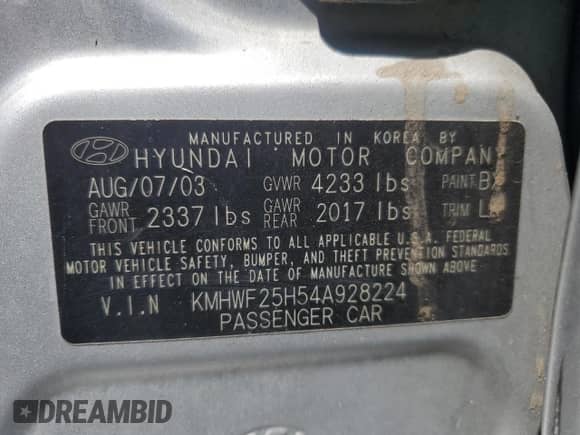 2004 Hyundai Sonata with VIN KMHWF25H54A928224, listed as a Copart auction lot 68222125 with 161,626 mi miles and Salvage title. Bid and sale history available at DreamBid. Image 12.