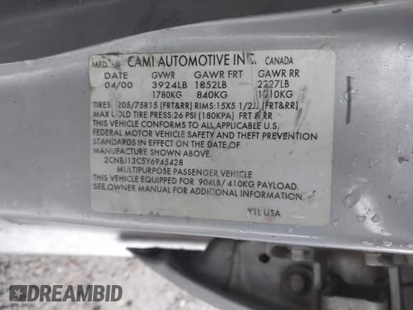 2000 Chevrolet Tracker with VIN 2CNBJ13C5Y6945428, listed as a IAAI auction lot 42109319 with 24,206 mi miles and . Bid and sale history available at DreamBid. Image 9.