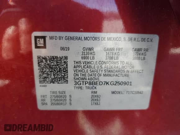 2019 GMC Sierra 1500 SLE с VIN 3GTP8BED7KG250901, выставлен на аукционе Copart как лот 49438455 с пробегом 96 108 миль миль и Списание • Salvage title. История ставок и продаж доступна на DreamBid. Изображение 13.