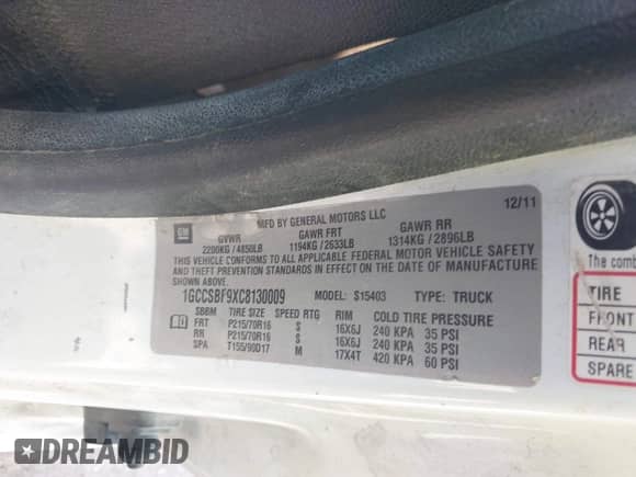 2012 Chevrolet Colorado Work Truck z VIN 1GCCSBF9XC8130009, wystawiony jako IAAI lot #43287788 z przebiegiem 151 906 mil mil oraz . Historia ofert i sprzedaży dostępna na DreamBid. Obrazek 9.