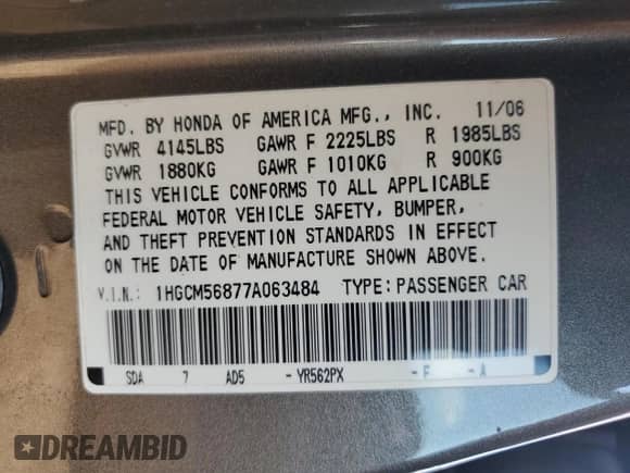 2007 Honda Accord EX-L with VIN 1HGCM56877A063484, listed as a Copart auction lot 81409925 with 267,336 mi miles and Salvage title. Bid and sale history available at DreamBid. Image 12.