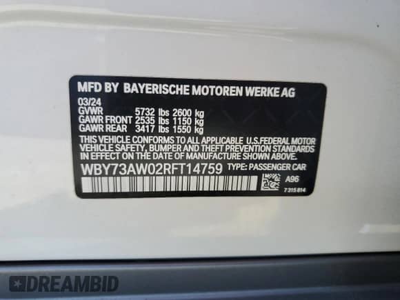 2024 BMW i4 eDrive40 с VIN WBY73AW02RFT14759, выставлен на аукционе Copart как лот 65295925 с пробегом 3 324 миль миль и Списание • Salvage title. История ставок и продаж доступна на DreamBid. Изображение 12.