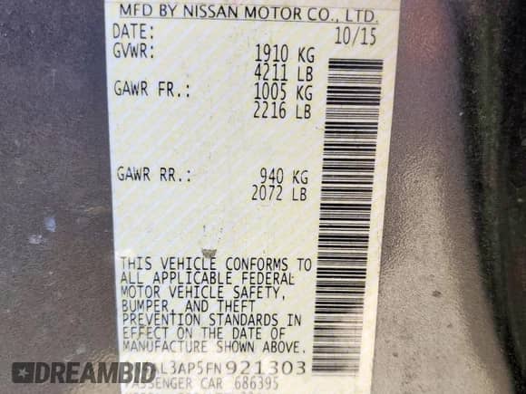 2015 Nissan Altima SL with VIN 1N4AL3AP5FN921303, listed as a Copart auction lot 85579855 with 236,654 mi miles and Salvage title. Bid and sale history available at DreamBid. Image 13.