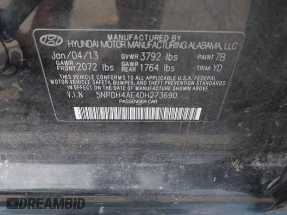 2013 Hyundai Elantra GLS with VIN 5NPDH4AE4DH273690, listed as a IAAI auction lot 43163721 with 181,107 mi miles and . Bid and sale history available at DreamBid. Image 9.