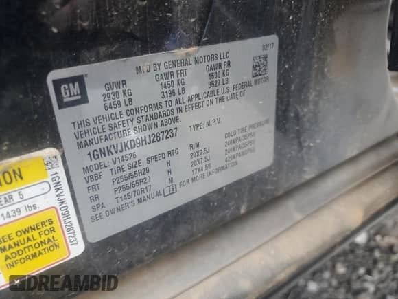 2017 Chevrolet Traverse Premier with VIN 1GNKVJKD9HJ287237, listed as a Copart auction lot 69290345 with Not provided miles and Salvage title. Bid and sale history available at DreamBid. Image 13.