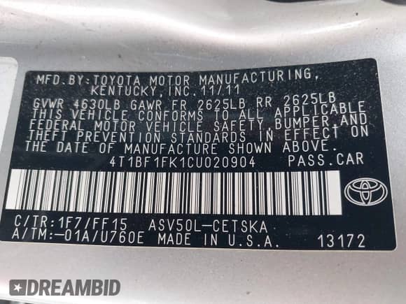 2012 Toyota Camry L with VIN 4T1BF1FK1CU020904, listed as a IAAI auction lot 43329722 with 240,275 mi miles and . Bid and sale history available at DreamBid. Image 9.