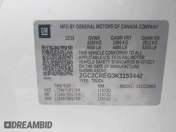 2019 Chevrolet Silverado 2500HD Work Truck with VIN 2GC2CREG3K1153442, listed as a IAAI auction lot 42347843 with 36,708 mi miles and . Bid and sale history available at DreamBid. Image 9.