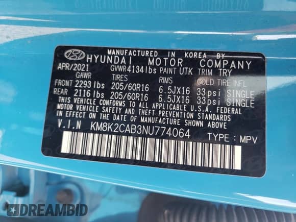 2022 Hyundai Kona SE с VIN KM8K2CAB3NU774064, выставлен на аукционе Copart как лот 62662785 с пробегом 34 378 миль миль и Списание • Salvage title. История ставок и продаж доступна на DreamBid. Изображение 13.