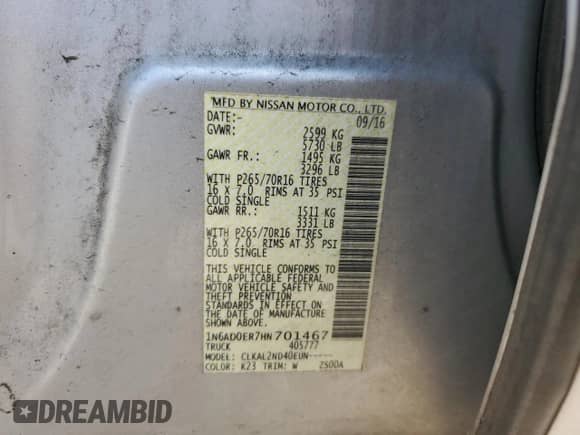 2017 Nissan Frontier SV with VIN 1N6AD0ER7HN701467, listed as a Copart auction lot 84197825 with 195,672 mi miles and Salvage title. Bid and sale history available at DreamBid. Image 12.