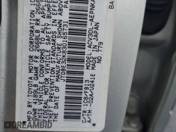 2003 Toyota Camry LE z VIN JTDBE32K830165731, wystawiony jako Copart lot #90081015 z przebiegiem 238 197 mil mil oraz Czysty tytuł • Clean title. Historia ofert i sprzedaży dostępna na DreamBid. Obrazek 12.