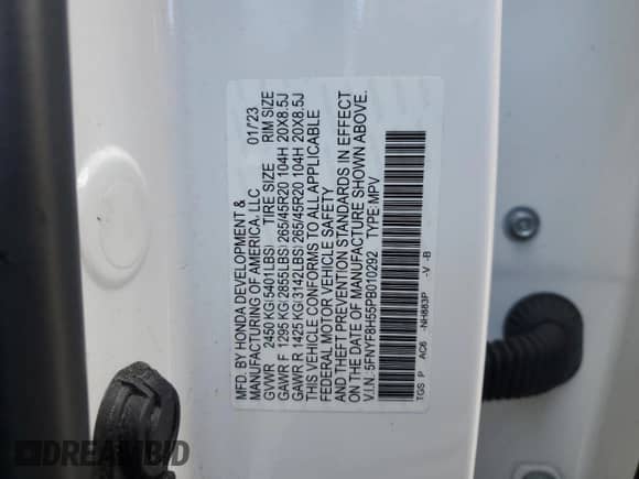 2023 Honda Passport EX-L with VIN 5FNYF8H55PB010292, listed as a Copart auction lot 62869945 with 44,324 mi miles and Salvage title. Bid and sale history available at DreamBid. Image 13.