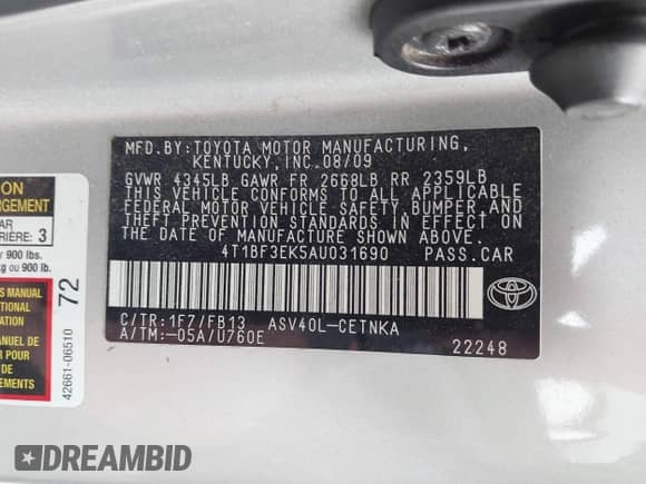 2010 Toyota Camry LE with VIN 4T1BF3EK5AU031690, listed as a IAAI auction lot 43547626 with 214,352 mi miles and . Bid and sale history available at DreamBid. Image 9.