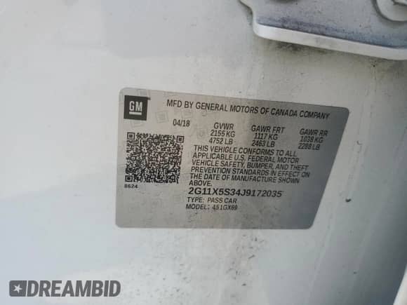 2018 Chevrolet Impala LS с VIN 2G11X5S34J9172035, выставлен на аукционе Copart как лот 64476795 с пробегом 86 087 миль миль и Списание • Salvage title. История ставок и продаж доступна на DreamBid. Изображение 12.