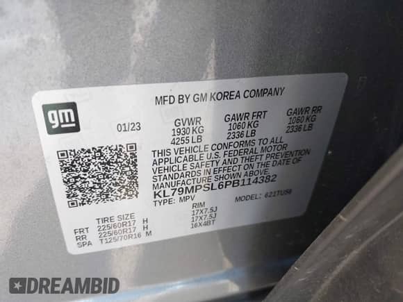 2023 Chevrolet TrailBlazer LT with VIN KL79MPSL6PB114382, listed as a IAAI auction lot 42991387 with 39,513 mi miles and . Bid and sale history available at DreamBid. Image 9.