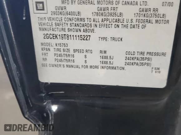 2001 Chevrolet Silverado 1500 LS z VIN 2GCEK19T811115227, wystawiony jako Copart lot #84865955 z przebiegiem 137 679 mil mil oraz Szkoda całkowita • Salvage title. Historia ofert i sprzedaży dostępna na DreamBid. Obrazek 12.