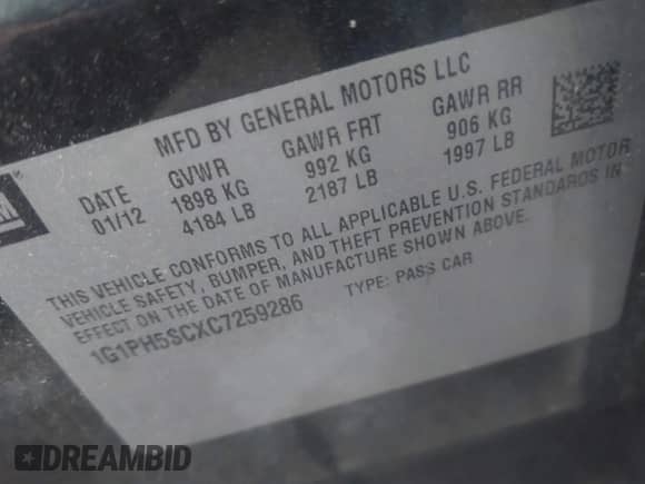 2012 Chevrolet Cruze LTZ with VIN 1G1PH5SCXC7259286, listed as a IAAI auction lot 43283961 with 128,591 mi miles and . Bid and sale history available at DreamBid. Image 9.