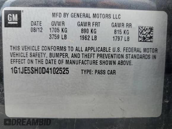 2013 Chevrolet Sonic LTZ с VIN 1G1JE5SH0D4102525, выставлен на аукционе Copart как лот 60976595 с пробегом 138 420 миль миль и Списание • Salvage title. История ставок и продаж доступна на DreamBid. Изображение 12.