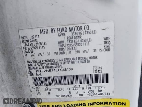 2014 Ford F-150 XL with VIN 1FTFW1EF1EFC48130, listed as a IAAI auction lot 41560979 with 198,238 mi miles and . Bid and sale history available at DreamBid. Image 9.