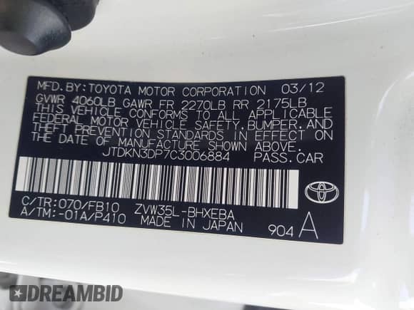 2012 Toyota Prius with VIN JTDKN3DP7C3006884, listed as a IAAI auction lot 42923107 with 141,701 mi miles and . Bid and sale history available at DreamBid. Image 9.