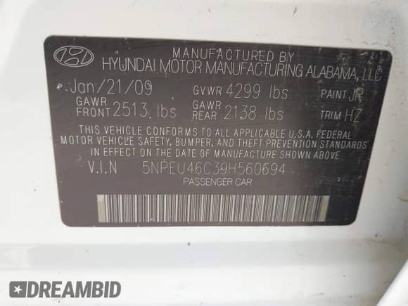 2009 Hyundai Sonata Limited с VIN 5NPEU46C39H560694, выставлен на аукционе IAAI как лот 42675327 с пробегом 198 036 миль миль и . История ставок и продаж доступна на DreamBid. Изображение 9.