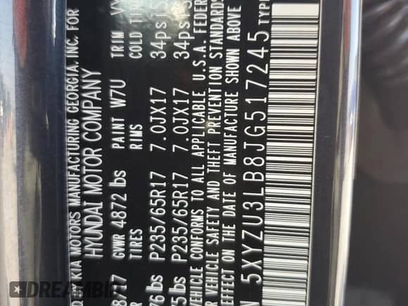 2018 Hyundai Santa Fe 2.4L with VIN 5XYZU3LB8JG517245, listed as a Copart auction lot 68663515 with 101,109 mi miles and Salvage title. Bid and sale history available at DreamBid. Image 13.