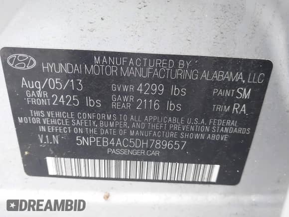 2013 Hyundai Sonata GLS z VIN 5NPEB4AC5DH789657, wystawiony jako IAAI lot #43554776 z przebiegiem 47 342 mil mil oraz . Historia ofert i sprzedaży dostępna na DreamBid. Obrazek 9.