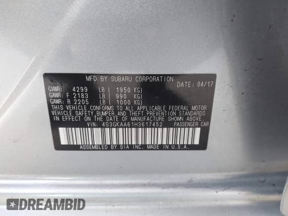 2017 Subaru Impreza with VIN 4S3GKAA61H3617452, listed as a IAAI auction lot 42115262 with 165,836 mi miles and . Bid and sale history available at DreamBid. Image 9.