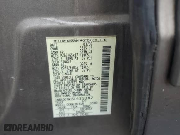 2005 Nissan Frontier LE с VIN 1N6AD07W15C435387, выставлен на аукционе Copart как лот 82041215 с пробегом 191 231 миль миль и Списание • Salvage title. История ставок и продаж доступна на DreamBid. Изображение 12.