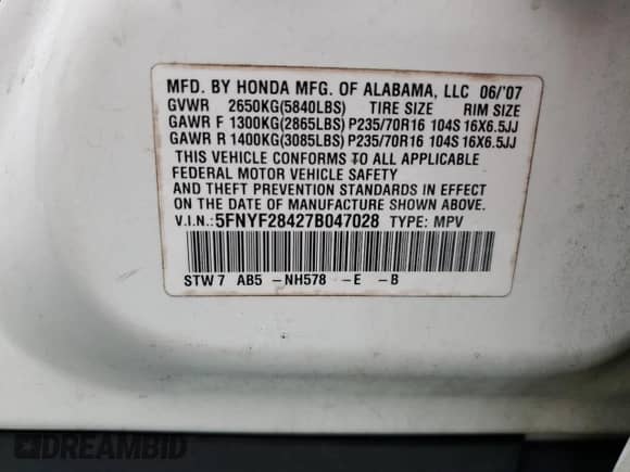 2007 Honda Pilot EX с VIN 5FNYF28427B047028, выставлен на аукционе Copart как лот 83781105 с пробегом 239 250 миль миль и Списание • Salvage title. История ставок и продаж доступна на DreamBid. Изображение 13.