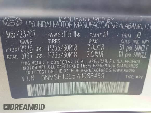 2007 Hyundai Santa Fe SE с VIN 5NMSH13E57H088469, выставлен на аукционе IAAI как лот 43271913 с пробегом 126 712 миль миль и . История ставок и продаж доступна на DreamBid. Изображение 9.